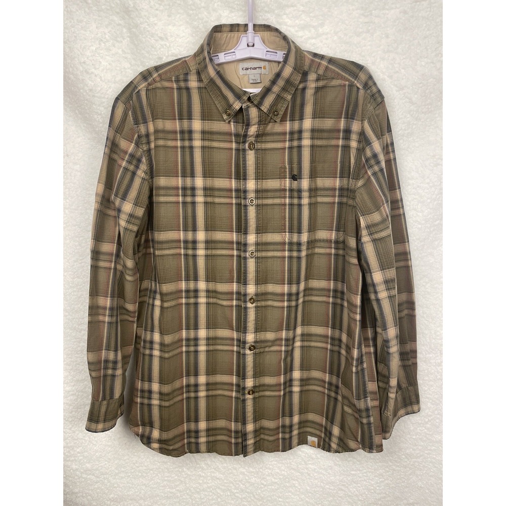 Carhartt Men's Adult Sz L Button Shirt Long Sleeve Brown Plaid Relaxed Fit Work